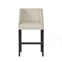 Elegant Barstool with Quilted Bonded Leather, Sturdy Wooden Legs, Curved Armrests, No Assembly Required, 21" L x 22" W x 38.5" H, Ivory(m-2)