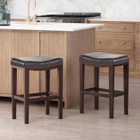Set of 2 Contemporary Studded Counter Stools with Nailhead Accents Rubberwood Saddle Seat, 18.5" L x 12" W x 26" H, Brown(m-1)