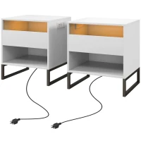 HOMCOM Bedside Table Set of 2, Side End Tables with Charging Station and USB Ports, LED Lights, 19" x 17" x 22", White(m-2)