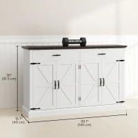 HOMCOM 55" Buffet Cabinet, Farmhouse Sideboard with 1.2" Thick Top, 4 Barn Doors, 2 Drawers and 2 Adjustable Shelves, White(m-3)