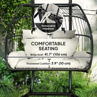 Outsunny Double Wicker Egg Swing Chair with Stand, Foldable Hanging Egg Chair with UV Resistant Cushion, Headrest, Cream White(m-6)