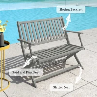 Outsunny 2-Person Foldable Wood Outdoor Bench with Backrest and Armrests for Garden, Porch, Park, Balcony, Gray(m-7)