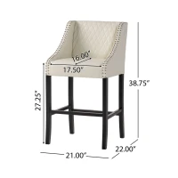 Elegant Barstool with Quilted Bonded Leather, Sturdy Wooden Legs, Curved Armrests, No Assembly Required, 21" L x 22" W x 38.5" H, Ivory(m-3)