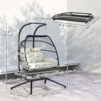 Outsunny Double Wicker Egg Swing Chair with Stand, Foldable Hanging Egg Chair with UV Resistant Cushion, Headrest, Cream White(m-3)