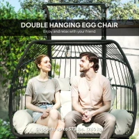 Outsunny Double Wicker Egg Swing Chair with Stand, Foldable Hanging Egg Chair with UV Resistant Cushion, Headrest, Cream White(m-4)