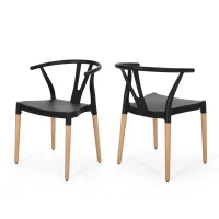 Set of 2 Modern Plastic Dining Chair with Beech Wood Legs, 20" L x 22" W x 29" H, Black(m-2)