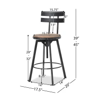 Adjustable Metal Barstool with Wooden Seat, 360° Swivel Design, 17.5" L x 20" W x 39-45" H, Antique Black(m-3)