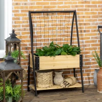 Outsunny Metal Leg Raised Garden Bed with Trellis, Elevated Planter Box with Storage Shelf, Bed Liner and Drainage Holes, for Vegetable Vines, Climbing Plants, Flowers, Natural(m-1)