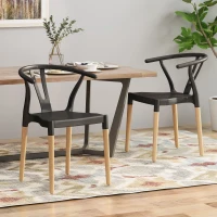 Set of 2 Modern Plastic Dining Chair with Beech Wood Legs, 20" L x 22" W x 29" H, Black(m-1)