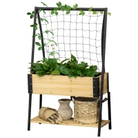 Outsunny Metal Leg Raised Garden Bed with Trellis, Elevated Planter Box with Storage Shelf, Bed Liner and Drainage Holes, for Vegetable Vines, Climbing Plants, Flowers, Natural(m-11)