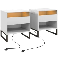 HOMCOM Bedside Table Set of 2, Side End Tables with Charging Station and USB Ports, LED Lights, 19" x 17" x 22", White(m-11)