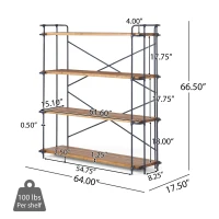 4-Shelf Minimalist Bookcase with Sleek Iron Frame, Industrial Design, Ideal for Patios, Backyard, 64" L x 17.5" W x 66.5" H, Natural(m-3)