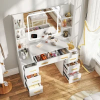 HOMCOM Makeup Vanity Table with Mirror and Lights, Modern Dressing Desk with 7 Drawers, 8 Shelves, 3 Lighting Modes, White(m-10)