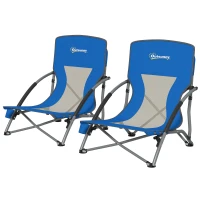 Outsunny Set of 2 Folding Beach Chairs with Mesh Back, Carry Bag and Cup Holder for Outdoor Camping Lawn Sports Picnic Dark Blue(m-1)