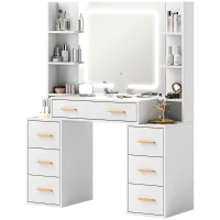HOMCOM Makeup Vanity Table with Mirror and Lights, Modern Dressing Desk with 7 Drawers, 8 Shelves, 3 Lighting Modes, White(m-2)