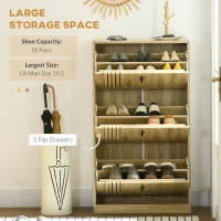 HOMCOM Shoe Storage Cabinet Organizer for 18 Pairs of Shoes with 3 Flip Drawers and Adjustable Shelves, Oak(m-4)