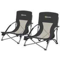 Outsunny Set of 2 Folding Beach Chairs with Mesh Back, Carry Bag and Cup Holder for Outdoor Camping Lawn Sports Picnic, Black