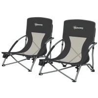 Outsunny Set of 2 Folding Beach Chairs with Mesh Back, Carry Bag and Cup Holder for Outdoor Camping Lawn Sports Picnic, Black(m-1)