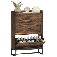 HOMCOM Slim Shoe Storage Cabinet, Shoes Cabinet Organizer with 2 Flip Drawers, Adjustable Shelves for 12 Pair, Rustic Brown(m-11)