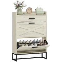 HOMCOM Slim Shoe Storage Cabinet, Shoes Cabinet Organizer with 2 Flip Drawers, Adjustable Shelves for 12 Pair, Distressed White(m-11)