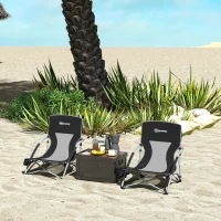 Outsunny Set of 2 Folding Beach Chairs with Mesh Back, Carry Bag and Cup Holder for Outdoor Camping Lawn Sports Picnic, Black(m-2)
