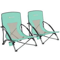Outsunny Set of 2 Folding Beach Chairs with Mesh Back, Carry Bag and Cup Holder for Outdoor Camping Lawn Sports Picnic Turquoise(m-12)