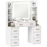 HOMCOM Makeup Vanity Table with Mirror and Lights, Modern Dressing Desk with 7 Drawers, 8 Shelves, 3 Lighting Modes, White(m-11)