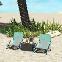 Outsunny Set of 2 Folding Beach Chairs with Mesh Back, Carry Bag and Cup Holder for Outdoor Camping Lawn Sports Picnic Turquoise(m-2)