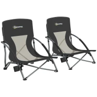Outsunny Set of 2 Folding Beach Chairs with Mesh Back, Carry Bag and Cup Holder for Outdoor Camping Lawn Sports Picnic, Black(m-12)