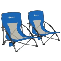 Outsunny Set of 2 Folding Beach Chairs with Mesh Back, Carry Bag and Cup Holder for Outdoor Camping Lawn Sports Picnic Dark Blue(m-11)