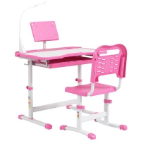 Qaba Kids Desk and Chair Set, School Study Desk with USB Light, Storage Drawer for Writing, Activities, Arts, or Crafts, Pink and White(m-12)