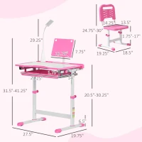 Qaba Kids Desk and Chair Set, School Study Desk with USB Light, Storage Drawer for Writing, Activities, Arts, or Crafts, Pink and White(m-3)