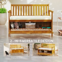 Outsunny Outdoor Bench with Storage Compartment, Acacia Wood Patio Bench with Cushion, 2 Seater Garden Bench, Teak(m-4)