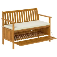 Outsunny Outdoor Bench with Storage Compartment, Acacia Wood Patio Bench with Cushion, 2 Seater Garden Bench, Teak(m-12)