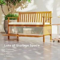 Outsunny Outdoor Bench with Storage Compartment, Acacia Wood Patio Bench with Cushion, 2 Seater Garden Bench, Teak(m-5)