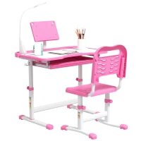 Qaba Kids Desk and Chair Set, School Study Desk with USB Light, Storage Drawer for Writing, Activities, Arts, or Crafts, Pink and White(m-1)