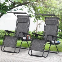 Outsunny 2 Piece Foldable Lounge Chair with Canopy Shade, Outdoor Zero Gravity Chair w/ Side Tray & Cup Holder, Reclining Lounger w/ Breathable Mesh Fabric Seat, Pillow, Dark Grey(m-1)