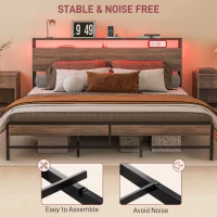 HOMCOM King Size Bed Frame with LED Lights and Charging Station, King Bed Frame with Storage Headboard, Noise-Free, Walnut(m-7)