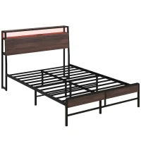 HOMCOM Full Size Bed Frame with LED Lights and Charging Station, Full Bed Frame with Storage Headboard, Noise-Free, Walnut(m-12)