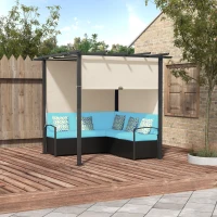 Outsunny Outdoor Rattan Wicker Patio Furniture Sofa Set with Retractable Canopy Pergola for Deck, Pool, Garden, Turquoise(m-1)