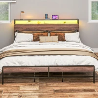 HOMCOM King Size Bed Frame with LED Lights and Charging Station, King Bed Frame with Storage Headboard, Noise-Free, Walnut(m-11)