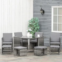 Outsunny 9 Pieces Wicker Patio Dining Set Outdoor Furniture Set with Removable Cushions, Glass Top Dining Table, Ottomans, PE Rattan Conversation Set for Garden Poolside, Grey(m-7)