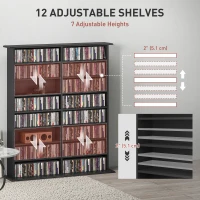 HOMCOM 8-Tier DVD Shelf with 12 Adjustable Shelves, Double CD Shelf, Holds 720 CDs, 396 DVDs or 396 Blu-rays, Black(m-5)
