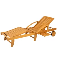Outsunny Folding Lounge Chair, 4-Level Adjustable Tanning Chair with Wheels, Acacia Wood Patio Lounger for Beach, Teak(m-1)