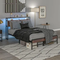 HOMCOM Full Size Bed Frame with LED Lights and Charging Station, Full Bed Frame with Storage Headboard, Noise-Free, Walnut(m-9)