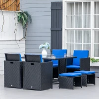 Outsunny 9 Pieces Wicker Patio Dining Set Outdoor Furniture Set with Removable Cushions, Glass Top Dining Table, Ottomans, PE Rattan Conversation Set for Garden Poolside, Blue(m-7)