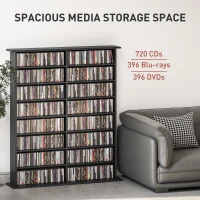 HOMCOM 8-Tier DVD Shelf with 12 Adjustable Shelves, Double CD Shelf, Holds 720 CDs, 396 DVDs or 396 Blu-rays, Black(m-4)