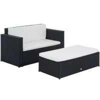 Outsunny 2 Pieces Wicker Patio Furniture Set with Double Ottoman, Outdoor PE Rattan Conversation Set with Loveseat and Two Seat Ottoman, Cream White(m-11)