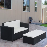 Outsunny 2 Pieces Wicker Patio Furniture Set with Double Ottoman, Outdoor PE Rattan Conversation Set with Loveseat and Two Seat Ottoman, Cream White(m-1)