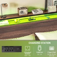 HOMCOM Full Size Bed Frame with LED Lights and Charging Station, Full Bed Frame with Storage Headboard, Noise-Free, Walnut(m-5)